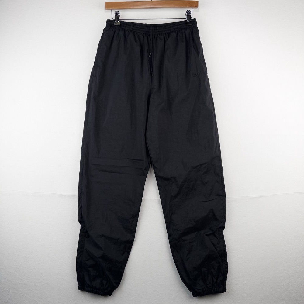 90s Vtg Nike Nylon Jogger Pants Womens  L 12-14 Black Drawstring Lined Zip Ankle